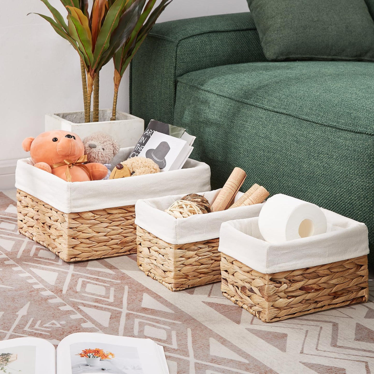Vagusicc Wicker Storage Basket with Handles and Removable Fabric Lining