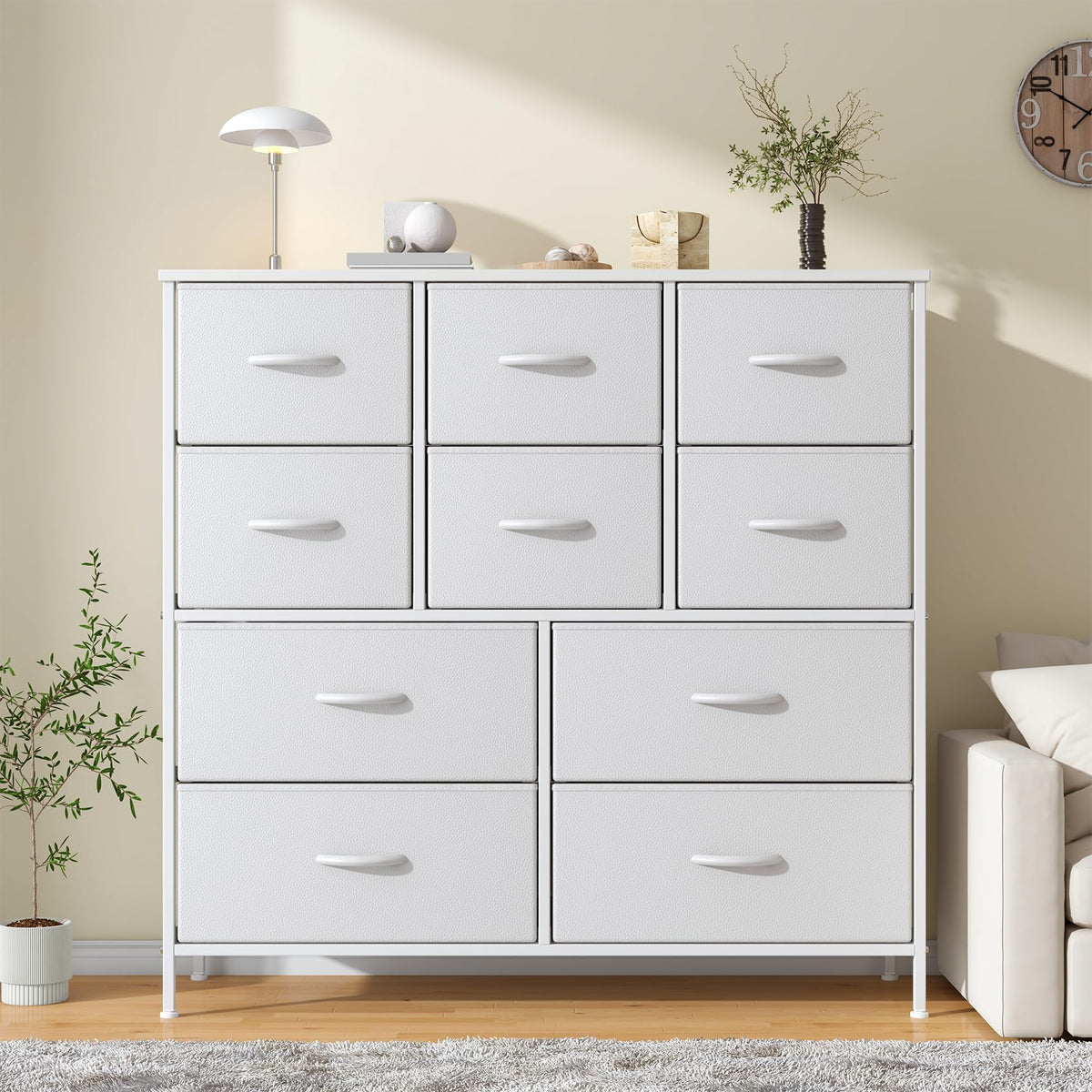 Feonase Chest of Drawers,Bedroom Tall Dresser with 10 Fabric Drawers, Metal Frame & MDF Wood Top, Adjustable Feet, Storage Organizer Unit for Bedroom