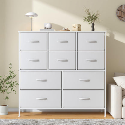 Feonase Chest of Drawers,Bedroom Tall Dresser with 10 Fabric Drawers, Metal Frame & MDF Wood Top, Adjustable Feet, Storage Organizer Unit for Bedroom