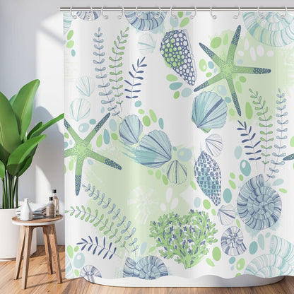 ASDCXZ Maritim Shower Curtain 180x200 cm, Blue Green Sea Animals Starfish Shell Leaves Maritime Nautical Washable Shower Curtains Polyester Textile