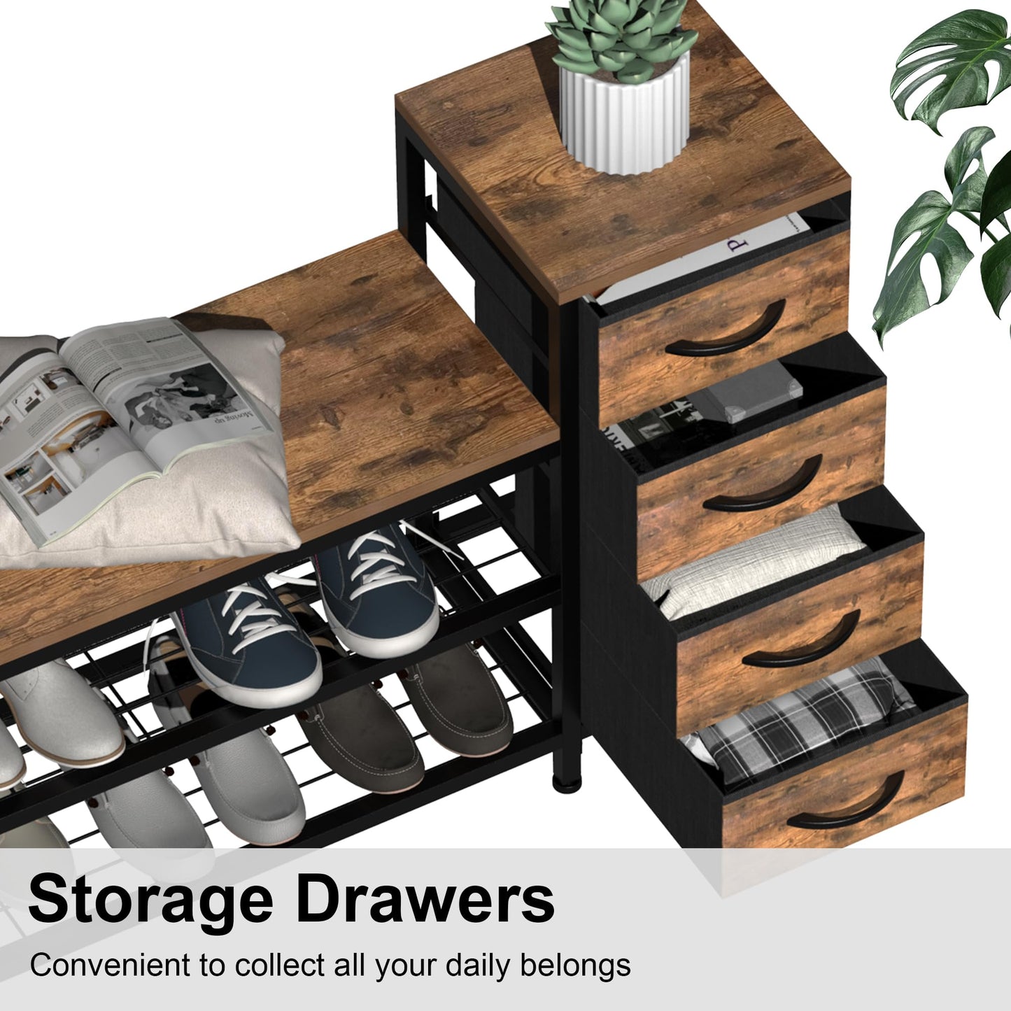 Welfuturer 3-Tier Shoe Storage Bench with 4 Fabric Drawers and Seat, Industrial Shoe Rack Cabinet with Shoe Shelf Storage for Hallway, Entryway