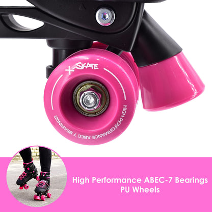 M.Y X-Skate Adjustable Pink Quad Roller Skates with Built In Adjusters Kids Roller Boots for Boys & Girls - Small