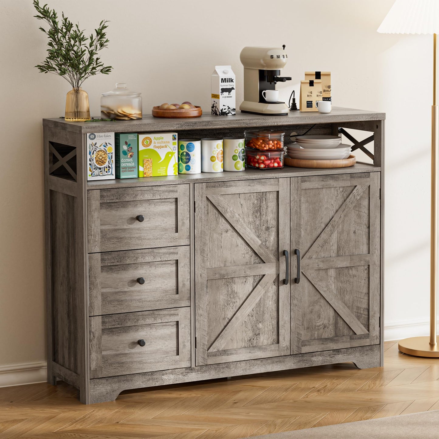 BonVache Sideboard Cabinet,Wooden Sideboard with Adjustable Shelf,3 Drawers and Open Shelf,Storage Cabinet for Living Room,Kitchen Storage Unit for