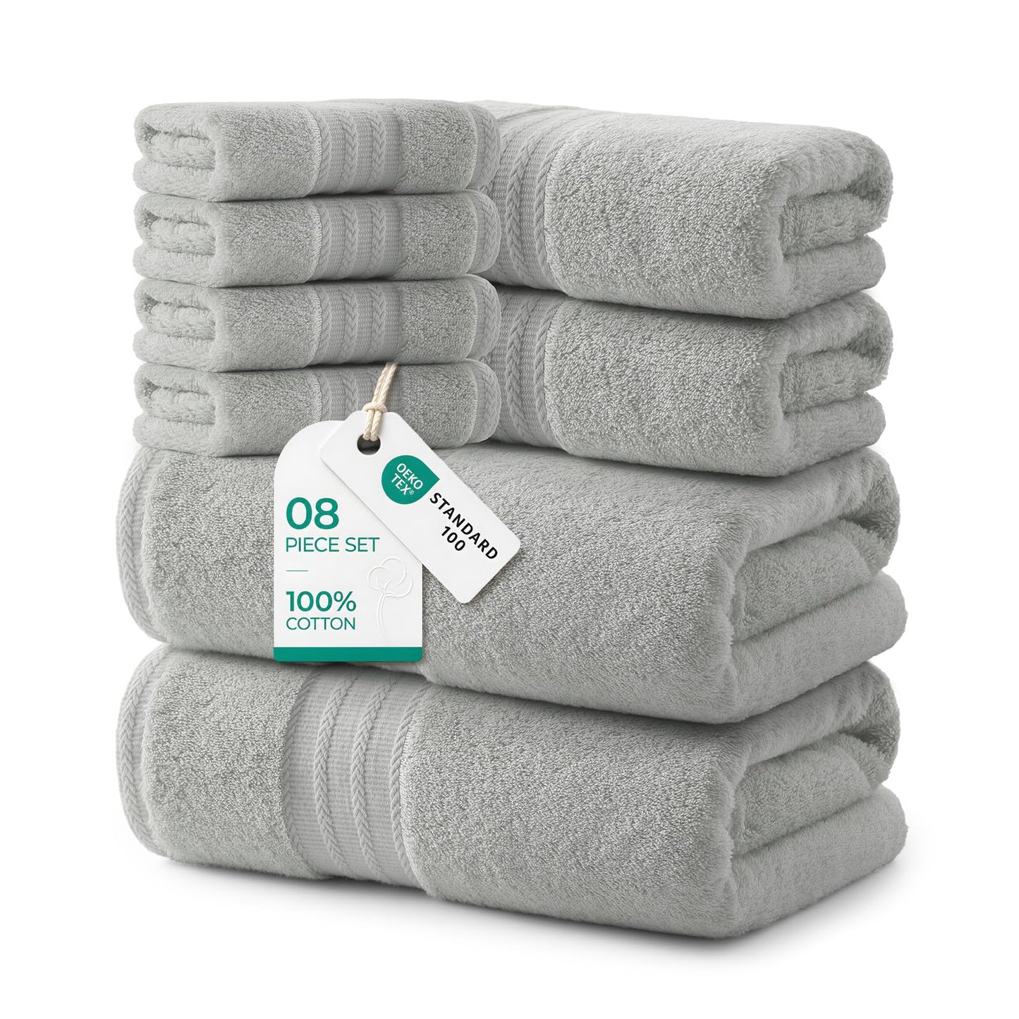 REDKISS 8 Piece Grey Towels Set with Hanging Loop-Quick Drying & Soft