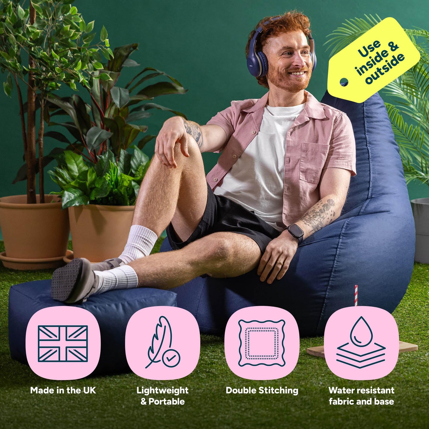 Bean Bag Bazaar Outdoor Bean Bag & Footstool with Filling Included, Blue