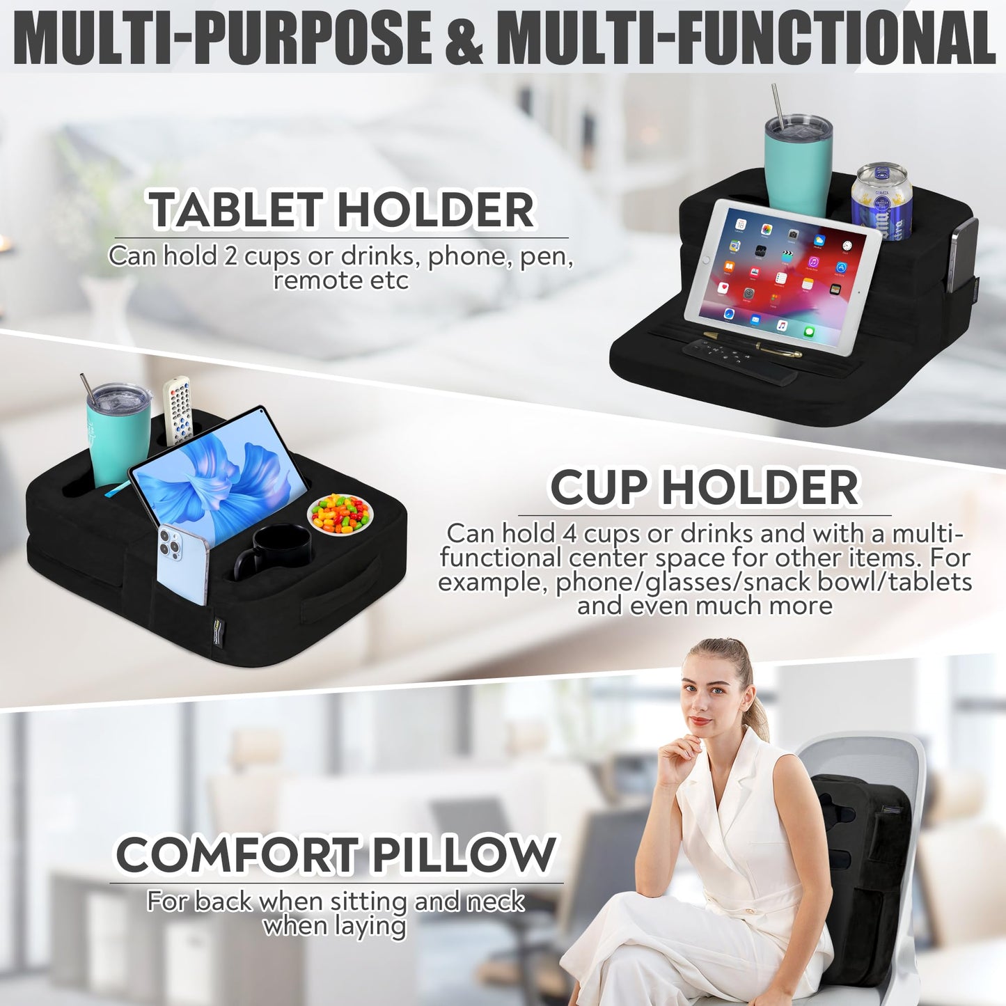 TabCouchCaddy - Cup Holder Tray and Tablet Stand – Bed, Sofa, RV, and Car – Can Hold Drinks, Snacks, Remote Controls, Phones, Tablets, iPad
