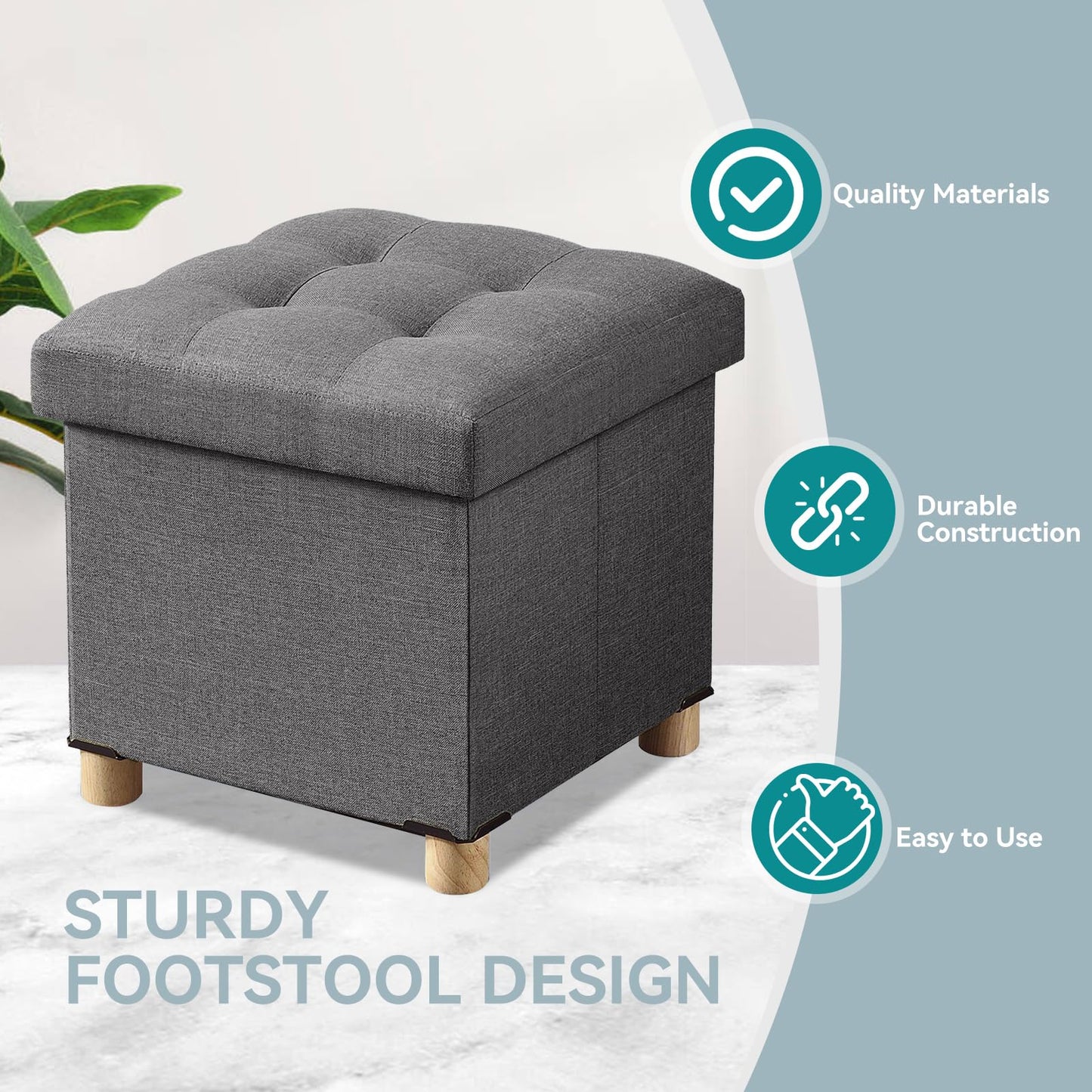 BRIAN & DANY Folding Storage Ottoman with Wood Legs, Linen Foot Stool, Storage Chest with Highly Elastic Sponge Filling, Gray, 38 x 38 x 38 cm