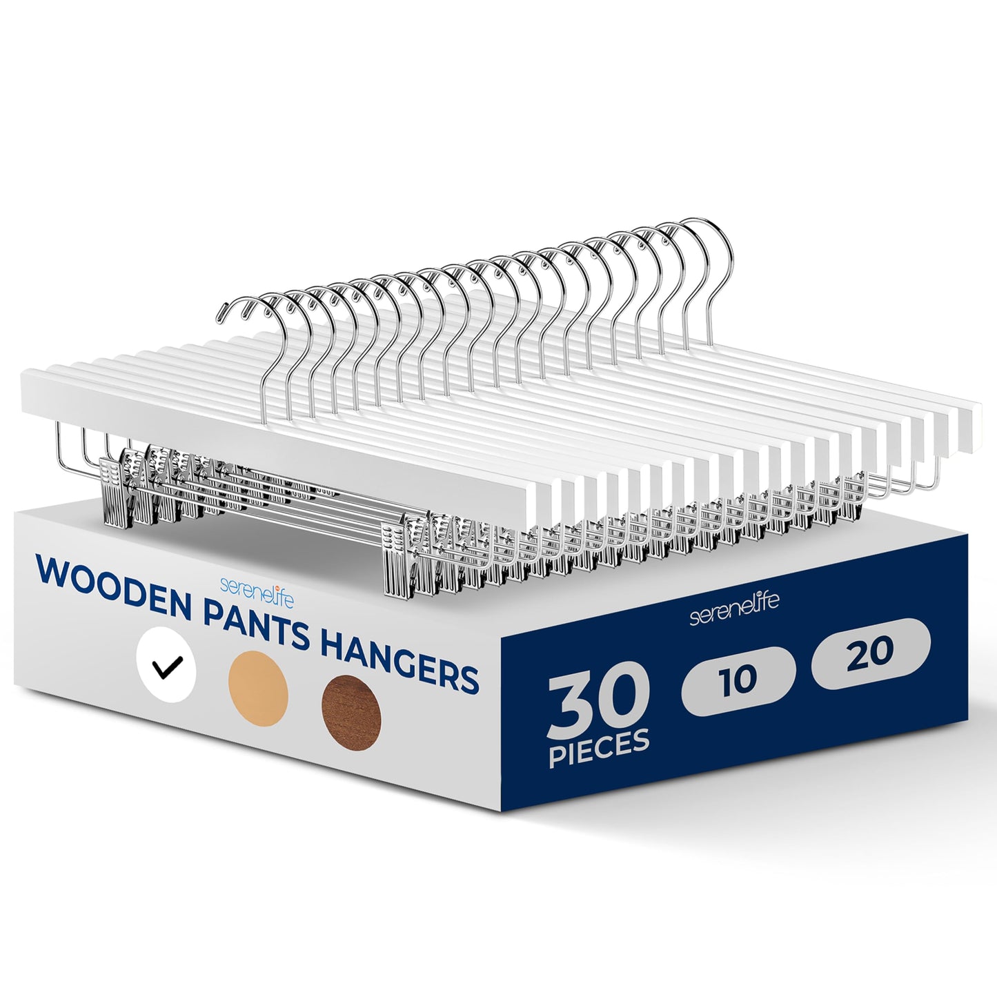 SereneLife 20pcs White Wooden Trouser Hangers, 35cm Anti-Slip Clips