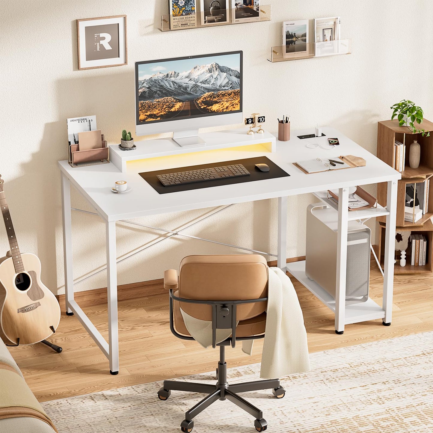 iSunirm Gaming Desk with LED Lights & Power Outlet, Reversible Computer Desk with Moveable Monitor Stand