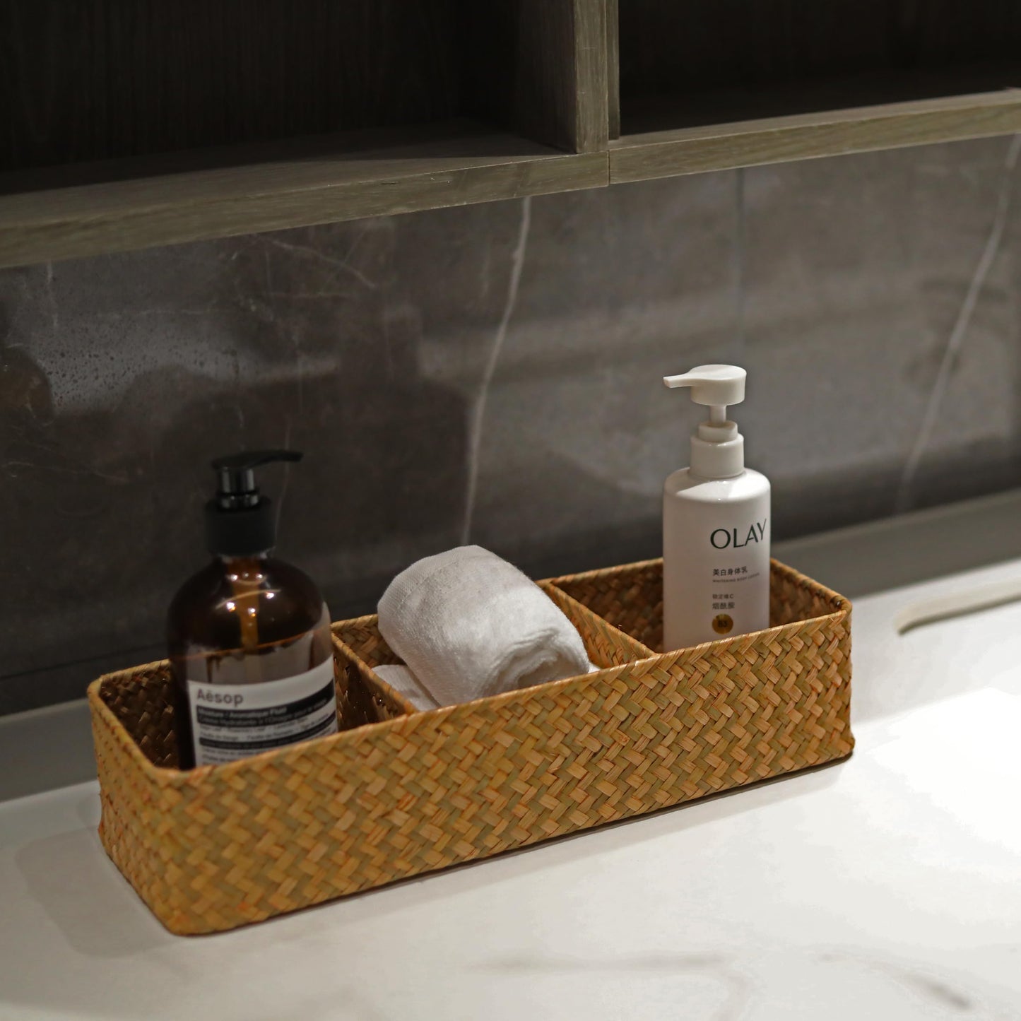 Seagrass Storage Basket with 3 Sections Woven Shelf Baskets for Organizing (Natural, 37cm x 12cm x 8cm)