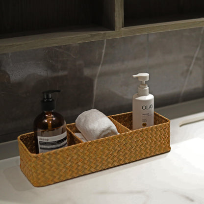 Seagrass Storage Basket with 3 Sections Woven Shelf Baskets for Organizing Natural, 37cm x 12cm x 8cm