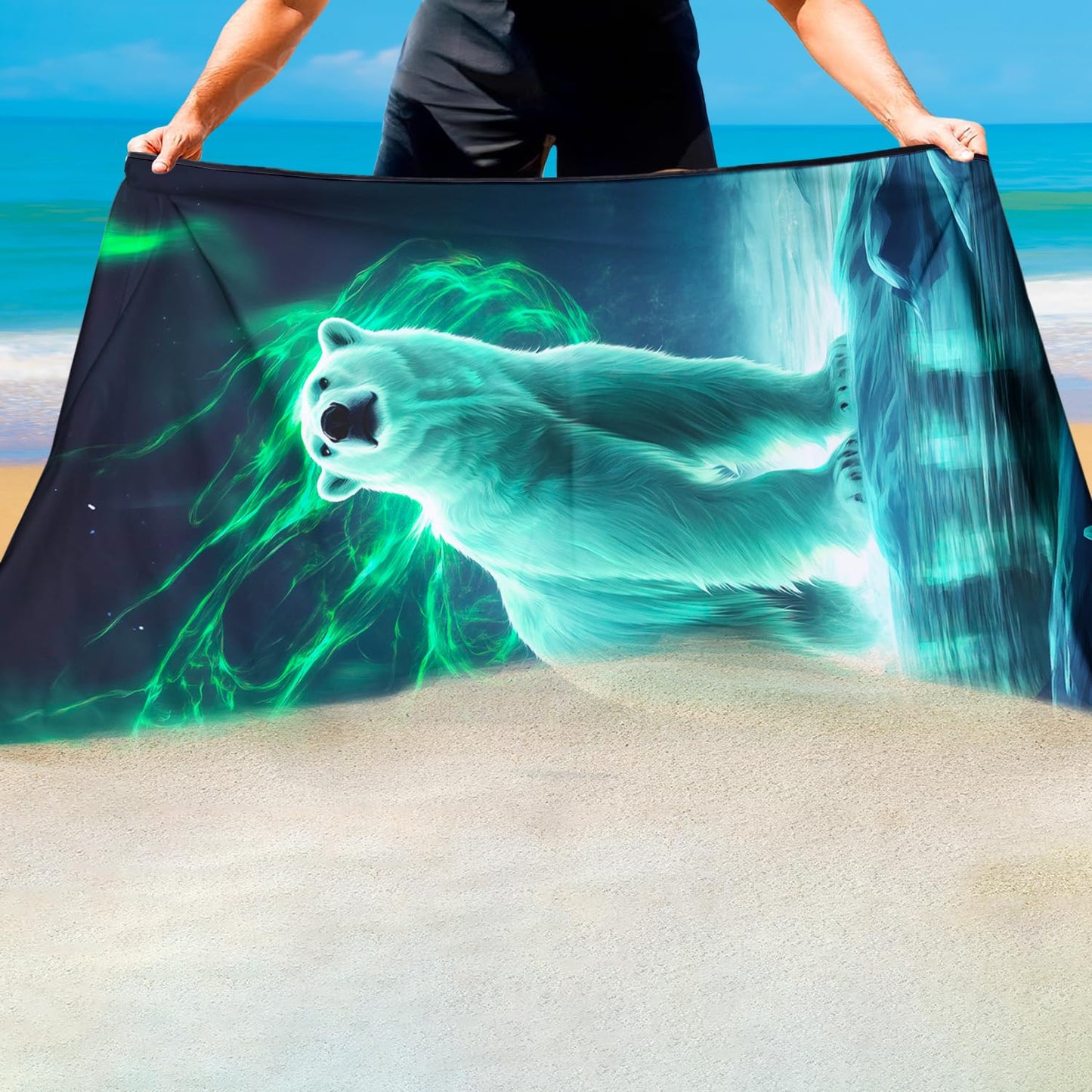 Violetpos Aurora Polar Bear Beach Towel, Extra Large 180x90 cm 250GSM Microfibre, Sand Free Quick Dry