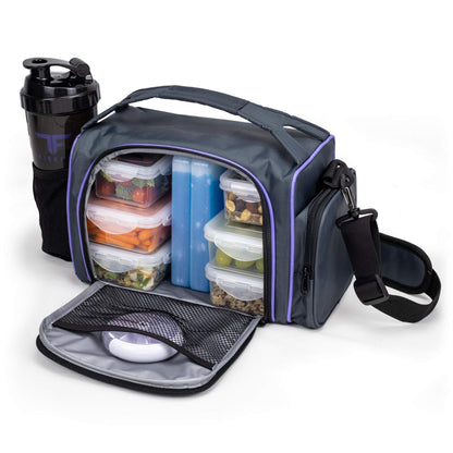 ThinkFit Insulated Meal Prep Lunch Bag | 6 Portion Control Containers | BPA-Free | Reusable | Microwavable | Freezer Safe | Protein Shaker Bottle |