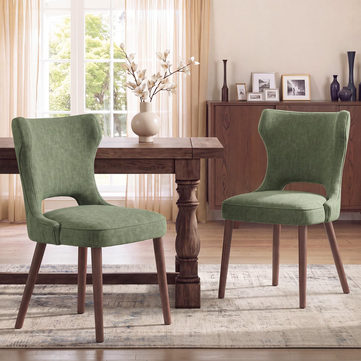 MALOL Upholstered Dining Chairs Set of 2, Dining Room Chairs with Hollow Backrest, High Back Kitchen Chairs with Solid Wood Legs, Thick Seat Cushion