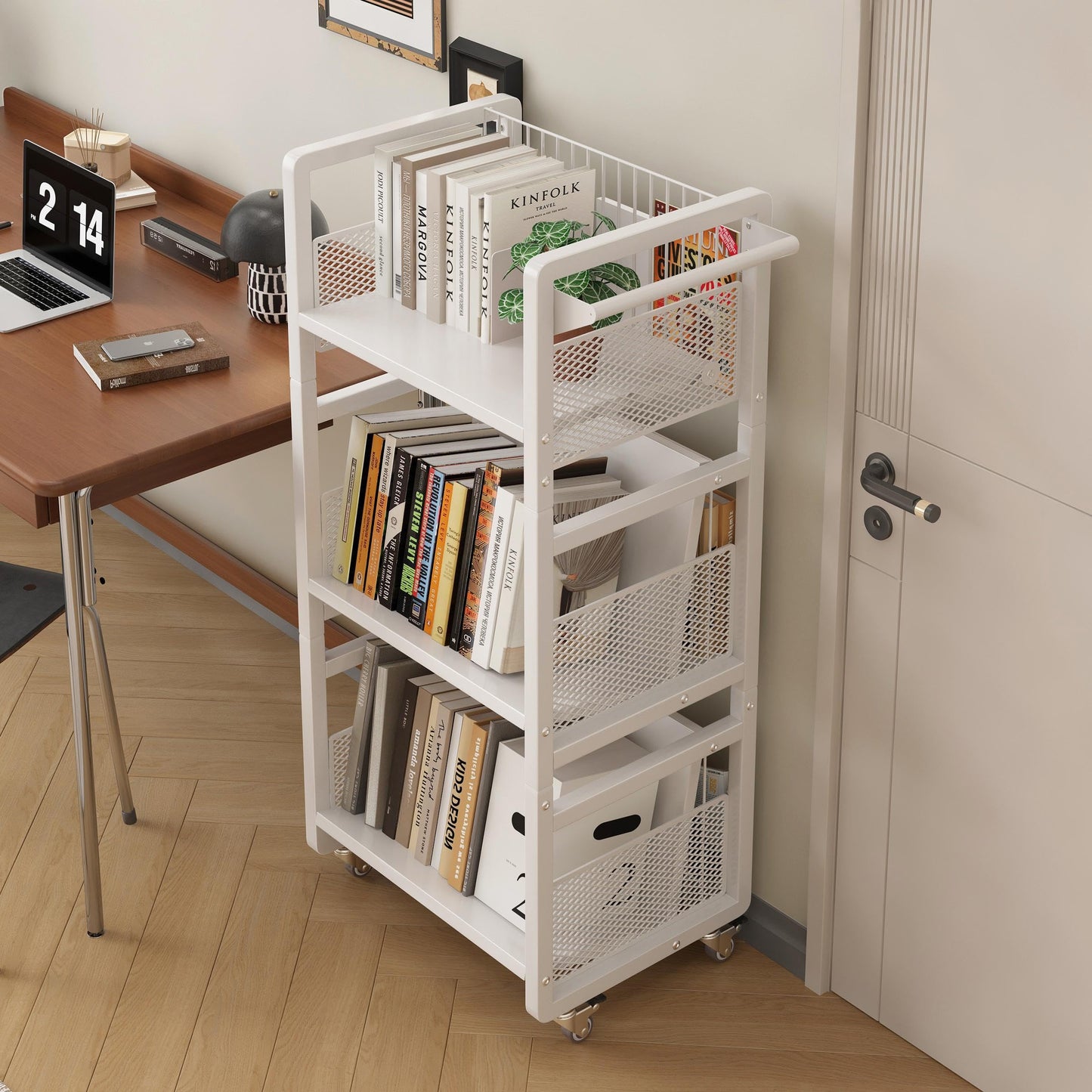 Ornestia Book Trolley,Mobile Bookshelf Organiser with Lockable Wheels,White