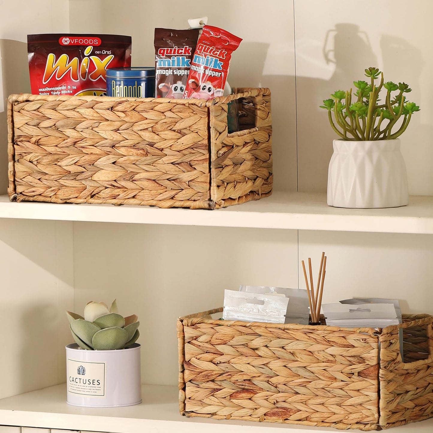Vagusicc Water Hyacinth Storage Baskets for Shelves, Small Organizer Box Storage Bins with Handles, Wicker Basket for Bathroom Storage