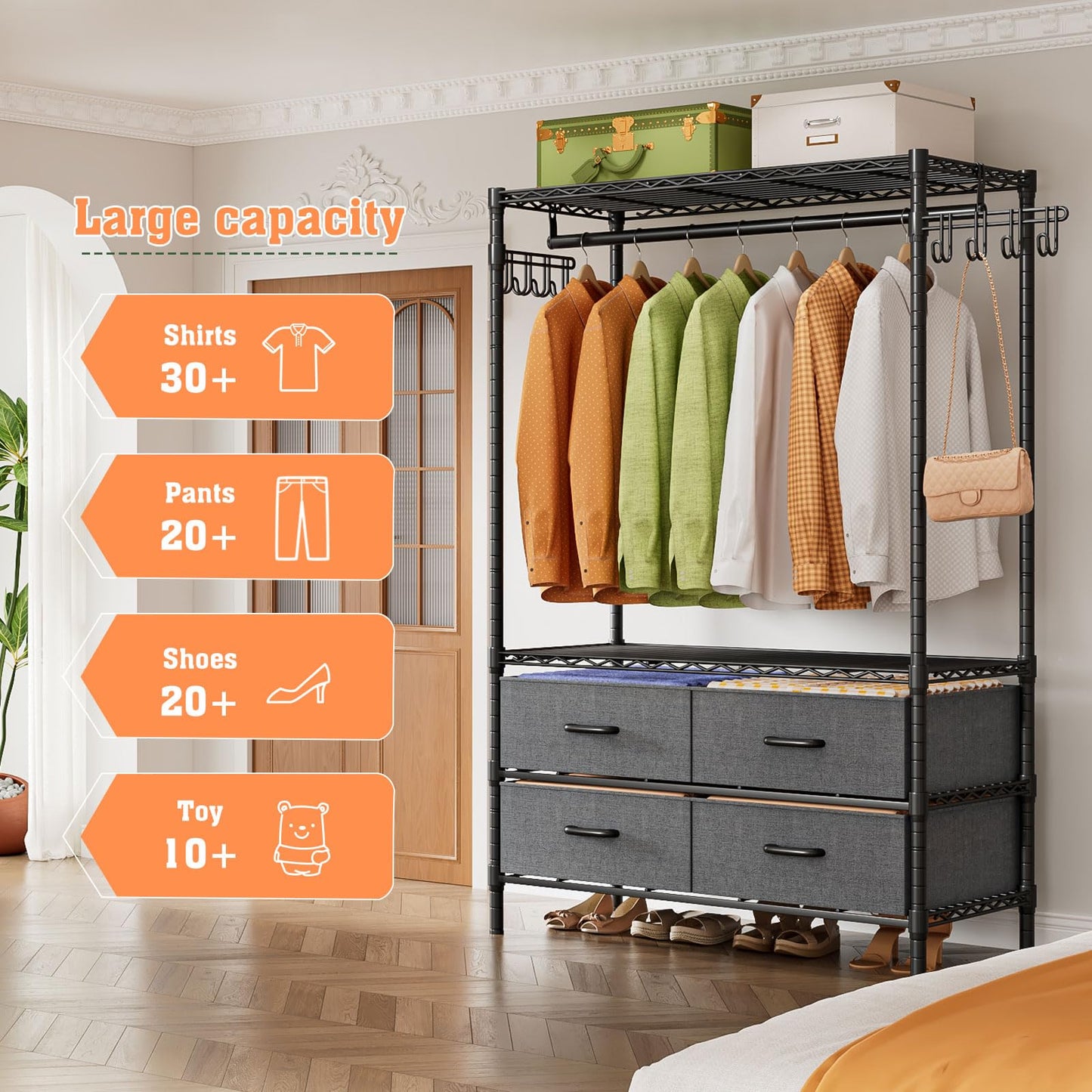 FTEYUET Clothes Rail Heavy Duty for Hanging Clothes with 4 Fabric Drawers