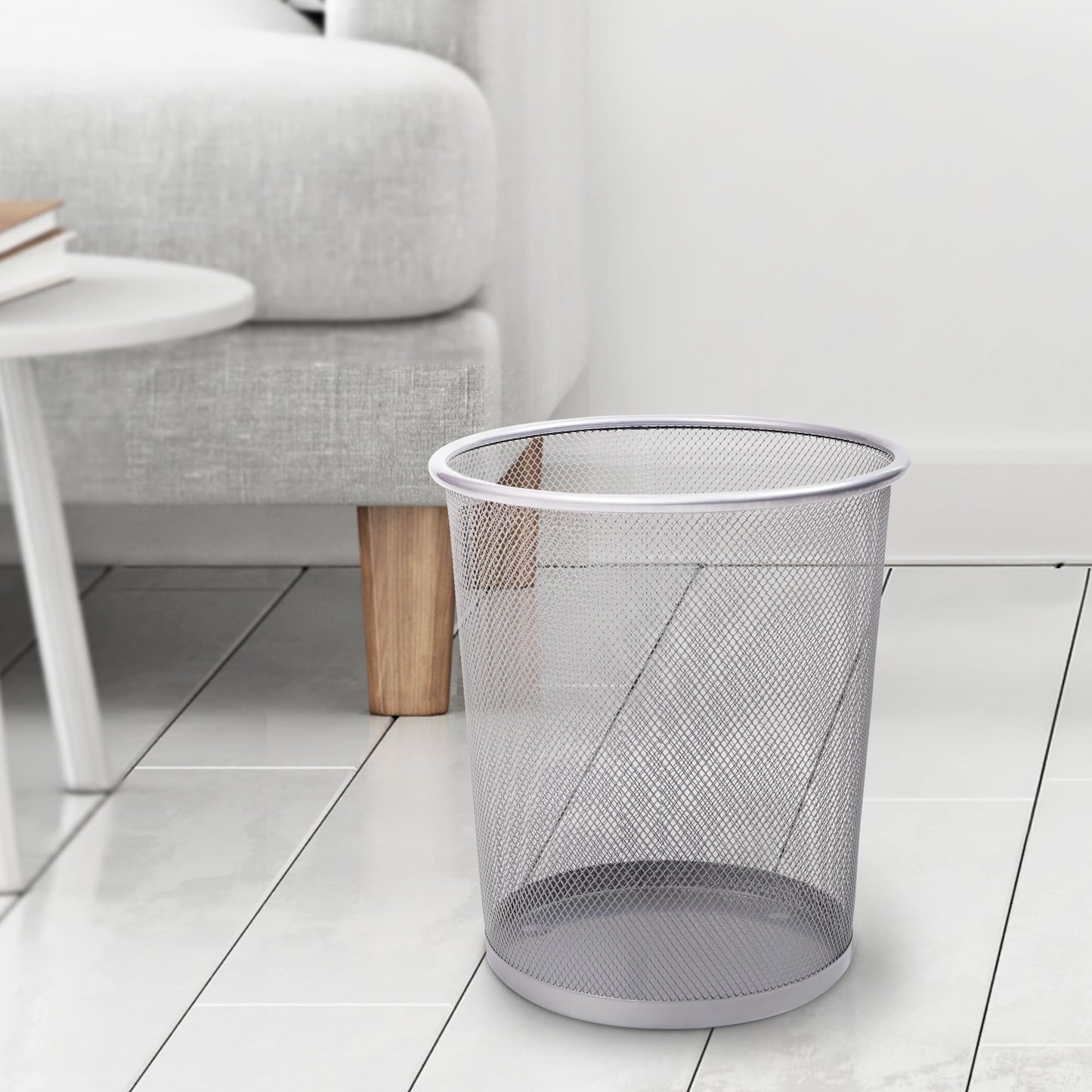 KEPLIN Round Trash Can - 1 Pack Silver Non-slip Mesh Bin, Stylish & Sturdy Metal Can for Home, Bedroom, Office, Bathroom, Living Room & Kitchen