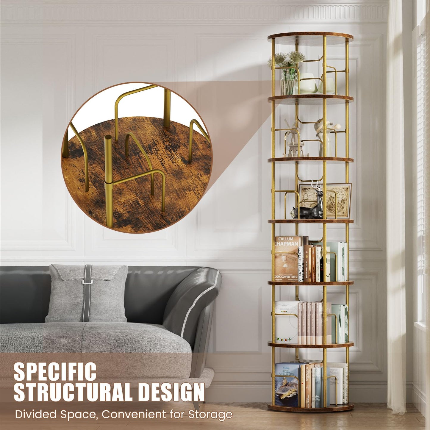 OCTORO 6 Tier Rotating Bookshelf, 360° Corner Bookshelf Tower, Round Revolving Bookcase with Adjustable Levels, Spinning Book Shelf for Home Office