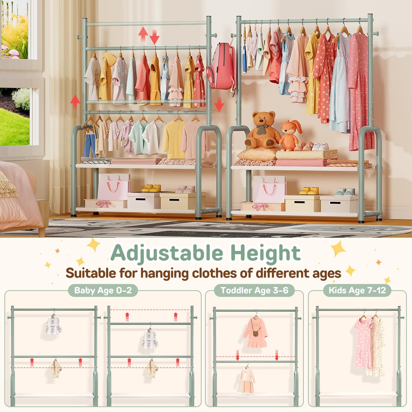 Kids Clothing Rail, Adjustable Toddler Dress Up Storage Rack, Green