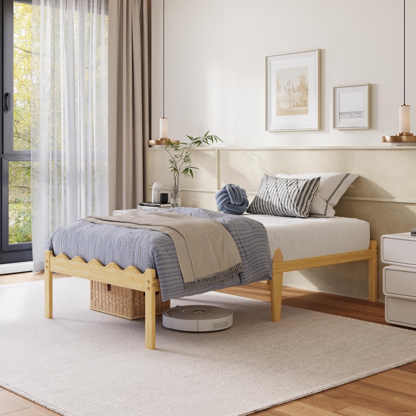 Hunlostten Wooden Single Bed Frame - Modern Bamboo Wood Style Bed Frame with Headboard and Footboard Underbed Storage Slats Support Easy to Install
