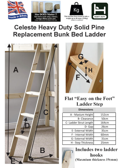 Strictly Beds and Bunks Pine Bunkbed Ladder - Replacement Bunk Bed Slanted Ladder Solid Pine, Natural, White, Black or Grey (Natural)