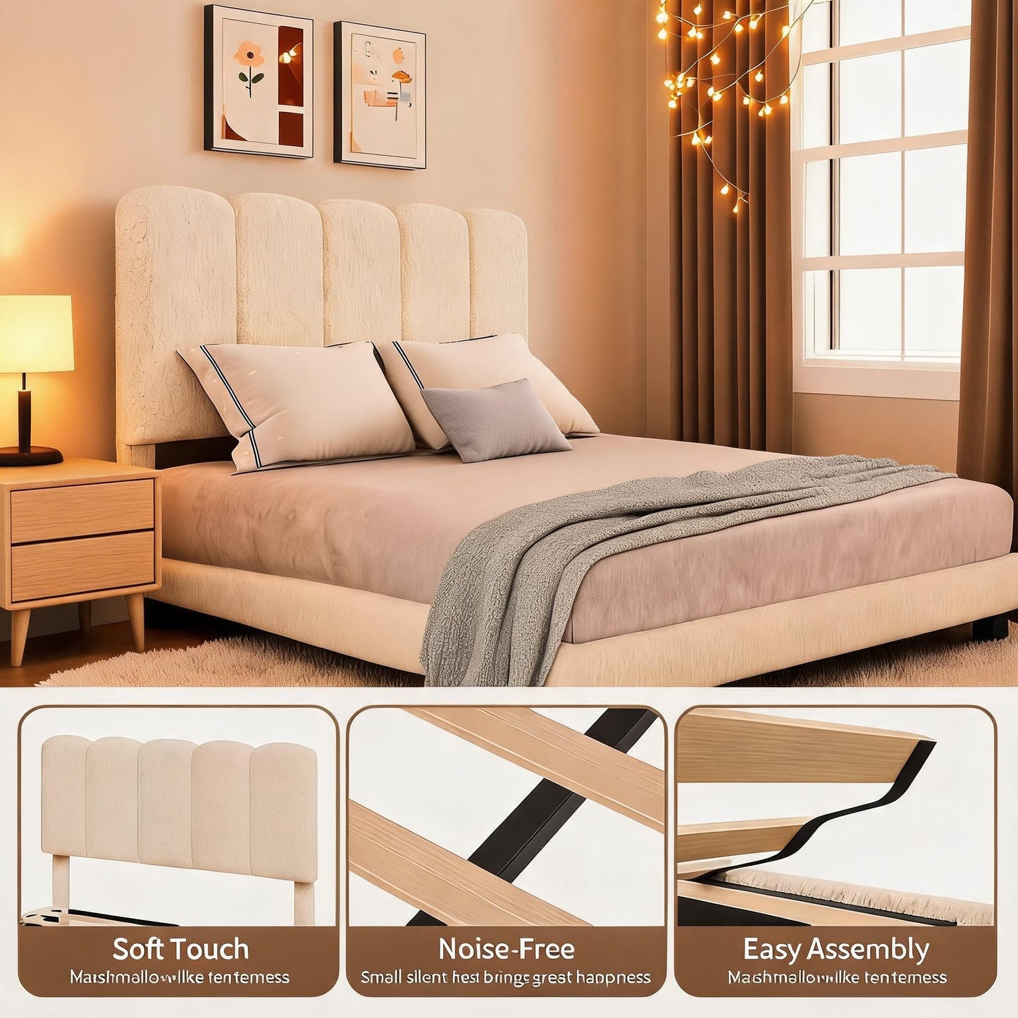 Crevyteg Modern Bouclé Upholstered Double Bed Frame 4ft6 135x190cm, Adjustable Wave Headboard, Sturdy Wooden Slats, Underbed Storage, Easy Assembly