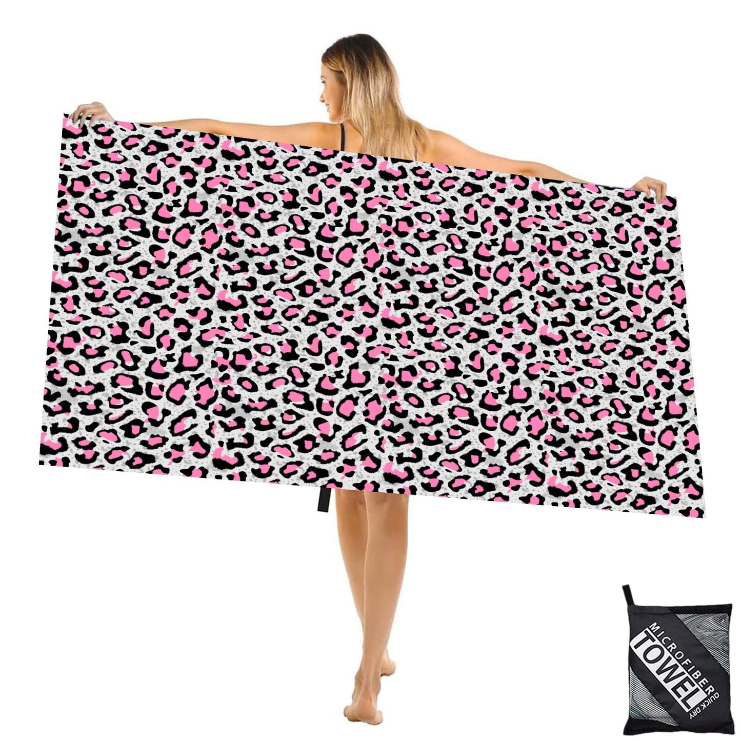 Large Microfibre Beach Towel for Adult,160x90cm Double Side Pink Gray Leopard Printed Sand Free Beach Towel,Lightweight Quick Dry Travel Swim Towel