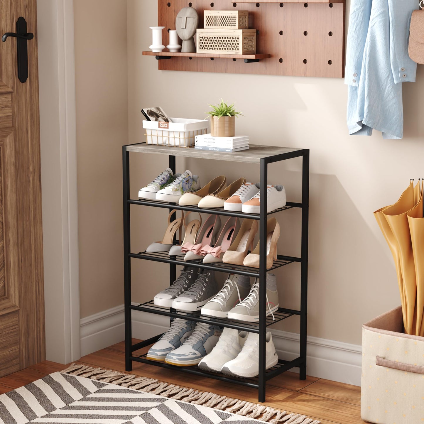 HOME BI 5-Tier Industrial Shoe Rack, Metal Storage Organizer, Durable Shoe Organizer Shelf for Closet, Hallway, Entryway, Living Room, Washed Gray