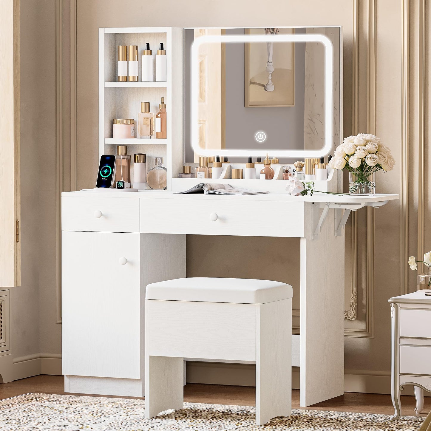 IRONCK Vanity Desk Set with LED Mirror & Stool, Charging Station, White