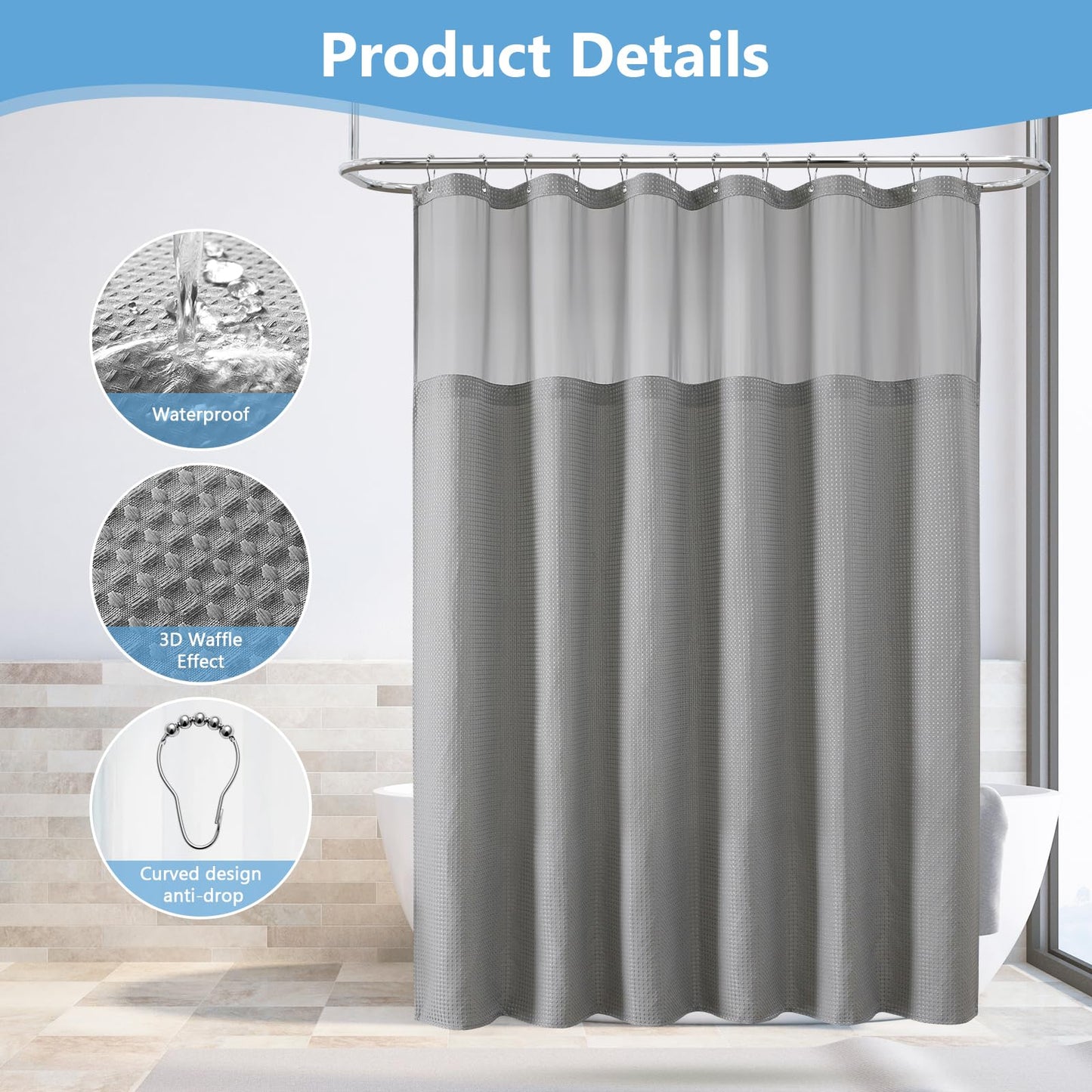 FY&XZH Waffle Shower Curtain with Hooks, Heavy Waterproof Fabric Shower Curtain with TPU Coated Back, 72"x72" Hotel Style with Mesh Window