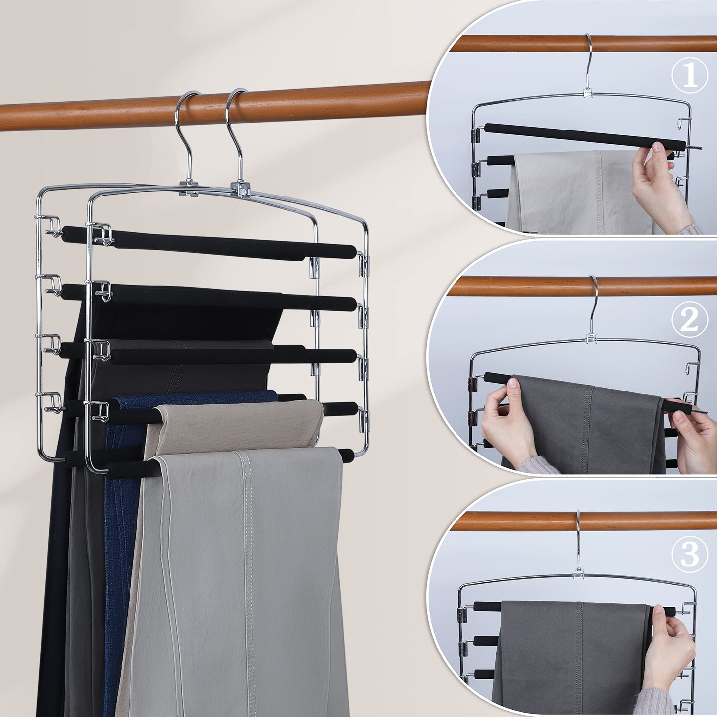 TOPIA HANGER Pants Hangers Space Saving, 2-Pack Swing Arm Pants Organizer for Closet, Non-Slip Foam Padded Organizer Hanger for Multi Slacks, Jeans