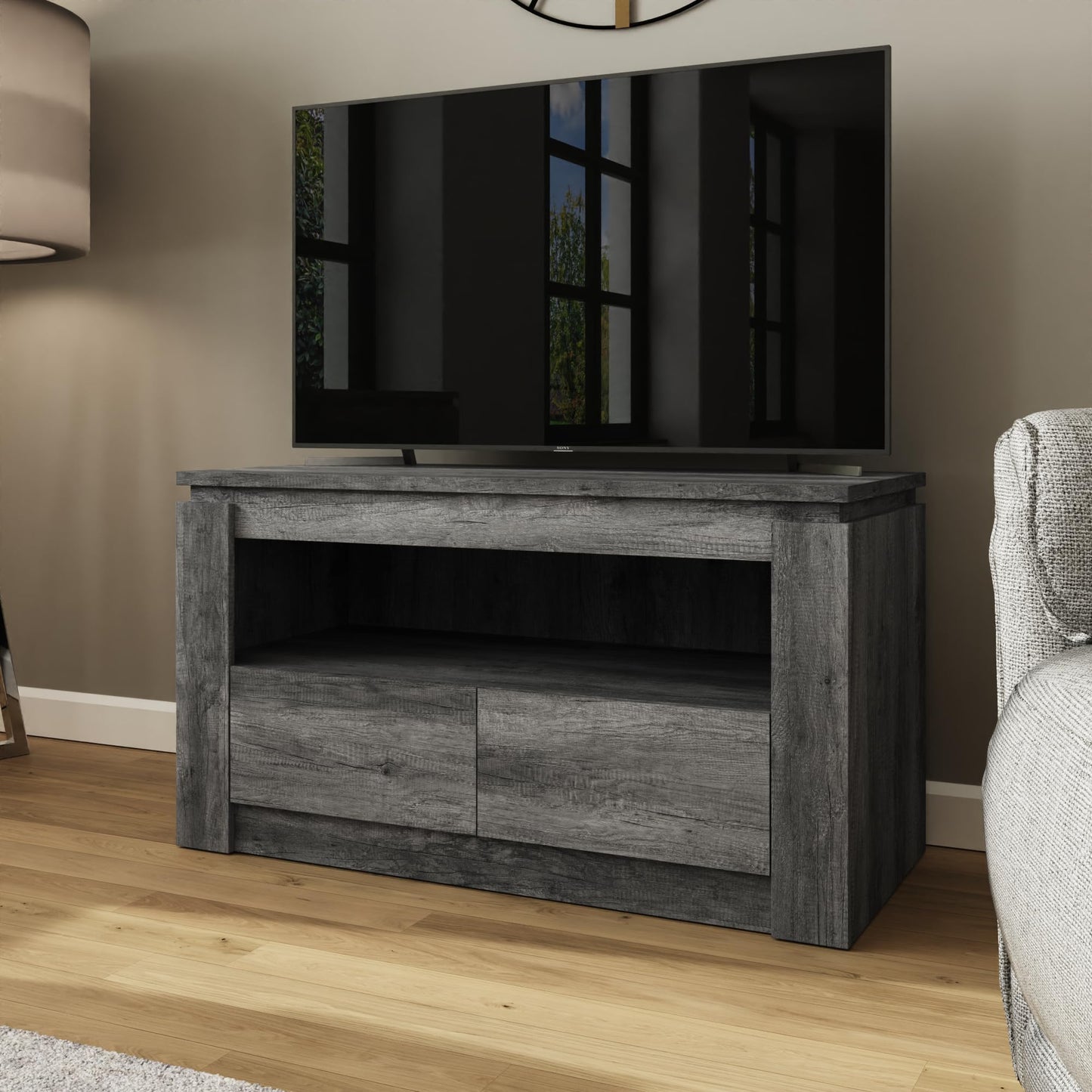 GFW Canyon 2 Drawer TV Unit, Charcoal Grey TV Stand with Storage Drawers & Open Shelf