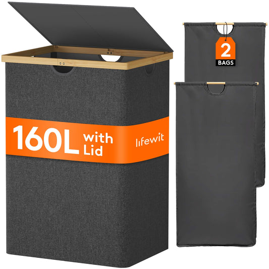 Lifewit 160L Bamboo Laundry Basket with Lid, Washing Basket Laundry Basket 2 Compartments Laundry Hamper Dirty Clothes Basket Bin with 2 Removable