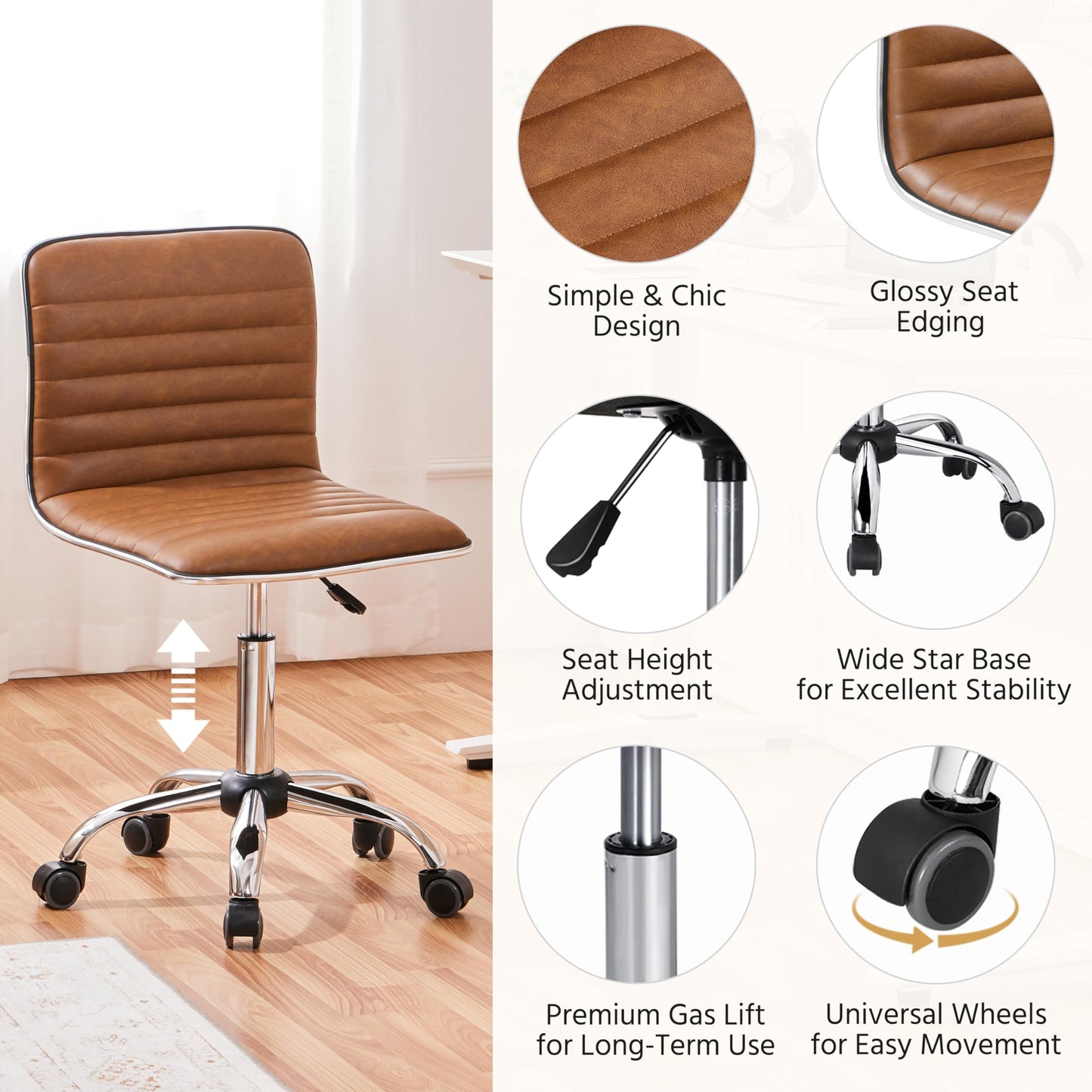 Yaheetech Armless PU Leather Chair Low Back Swivel Comfy Desk Retro Brown