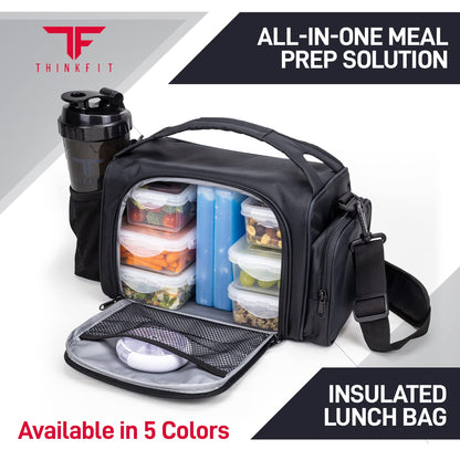 ThinkFit Insulated Meal Prep Lunch Box with 6 BPA-Free, Reusable, Microwavable, Freezer Safe Food Portion-Control Containers, Shaker Cup, Pill