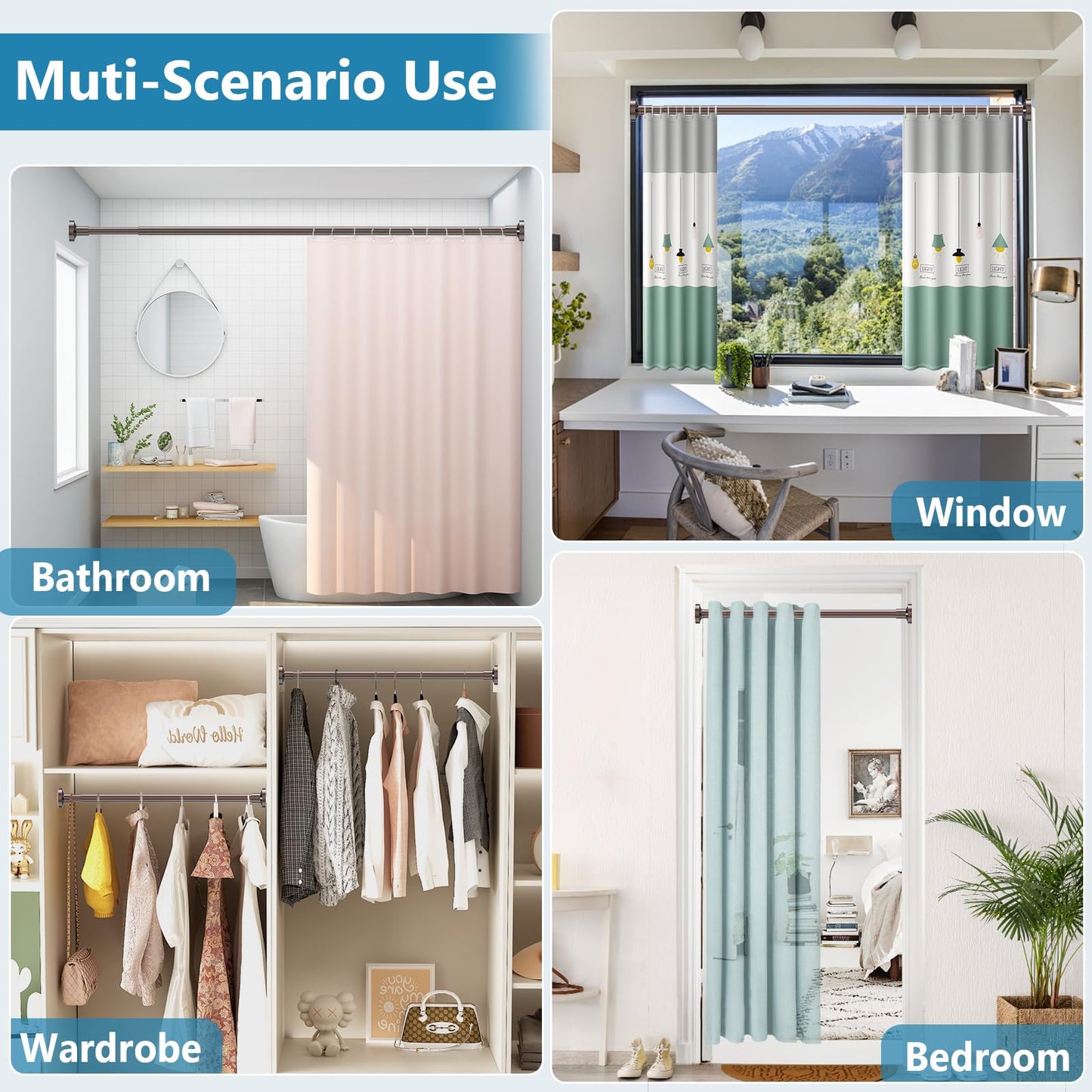 WELDUN Extendable Curtain Tension Rod, 48-226CM No Drill Telescopic Shower Curtains Rail, Adjustable Strong Spring Rod for Window Bathroom, Bedroom