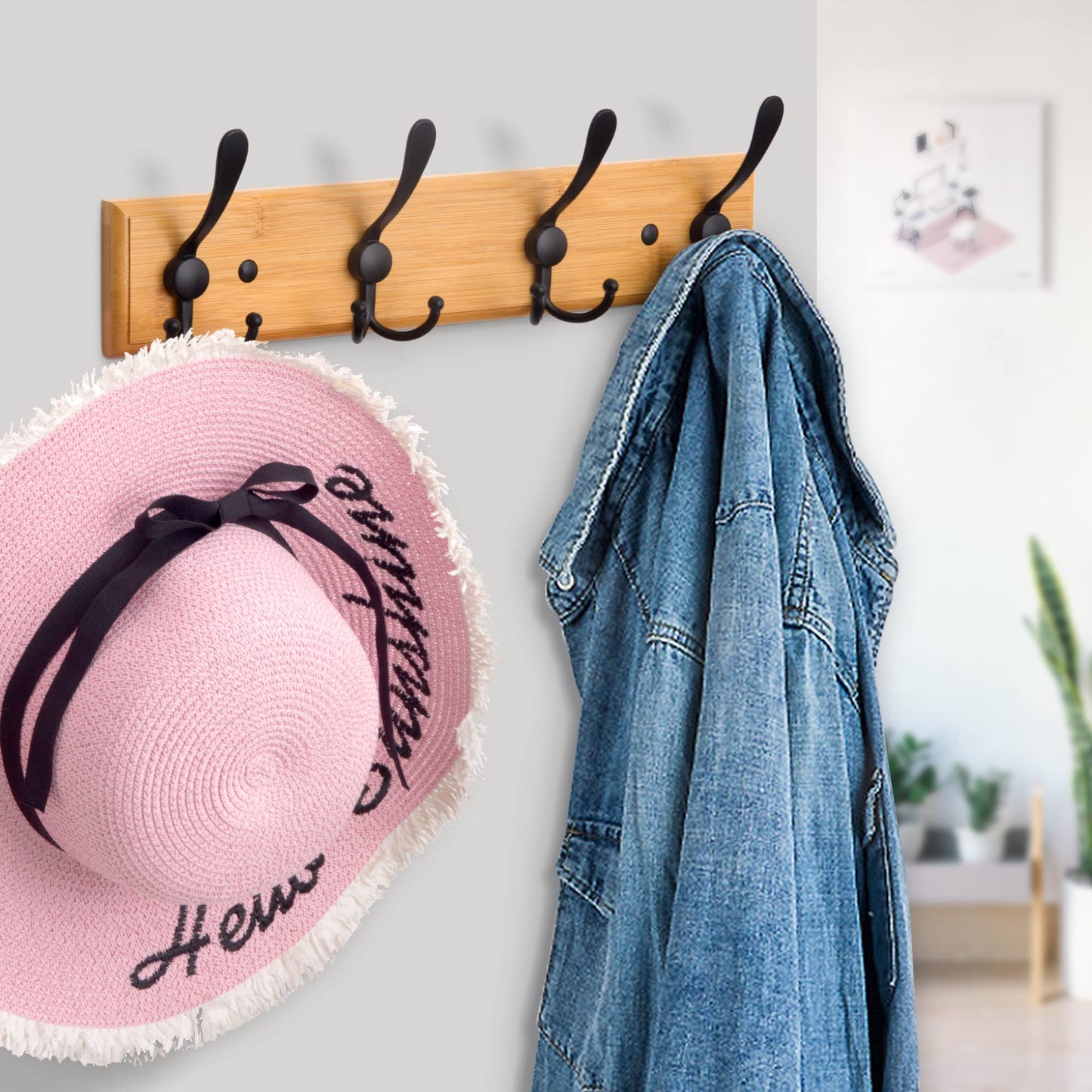GlazieVault Bamboo Coat Hooks for Wall - Stainless Steel Coat Racks (2 Pack) - Heavy Duty Wooden Coat Hook Wall Mounted