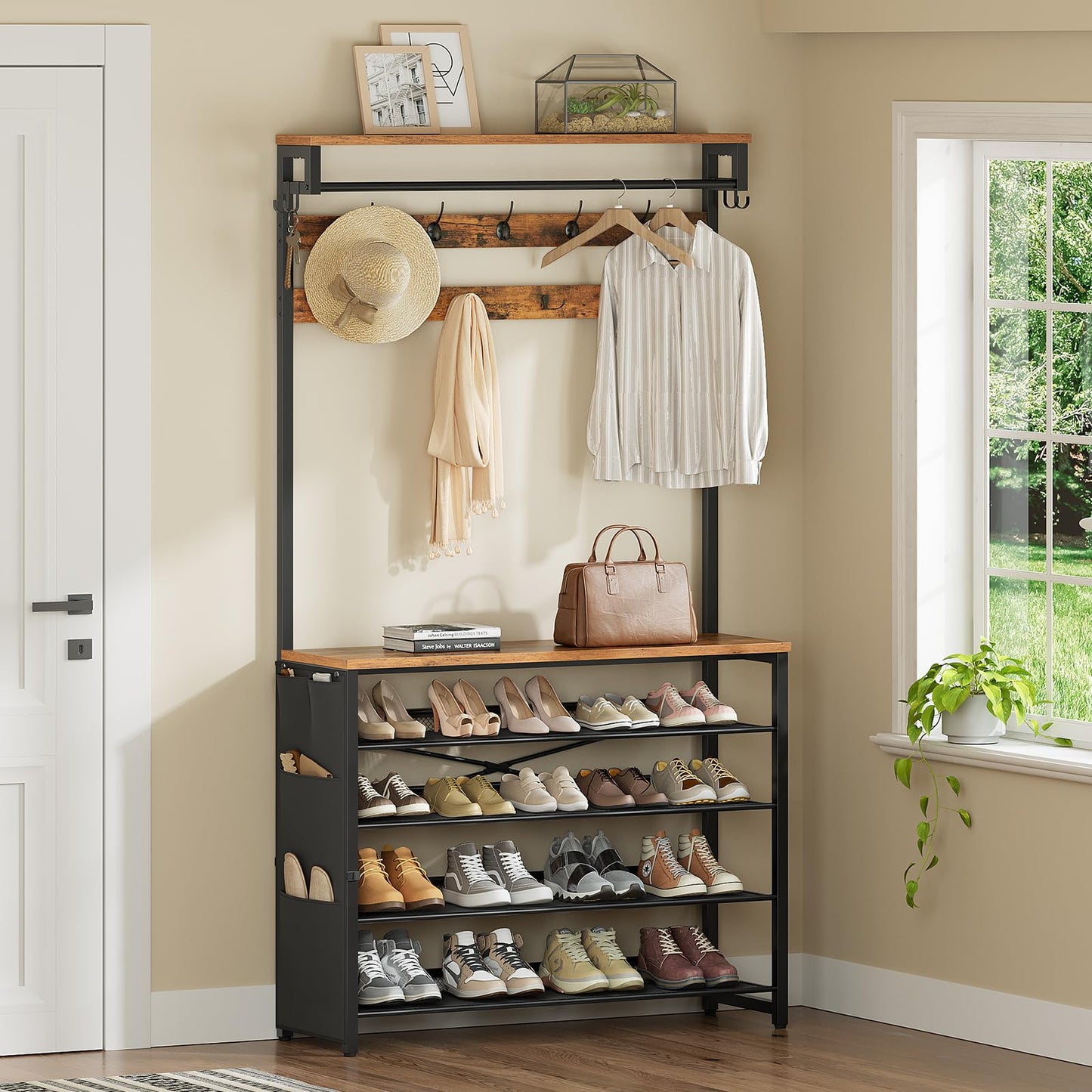 HOOBRO Coat Stand, Coat Rack with Shoe Storage, Hall Tree with Tiltable Mesh Shelves, 4 Removable Hooks, Side Storage Pocket
