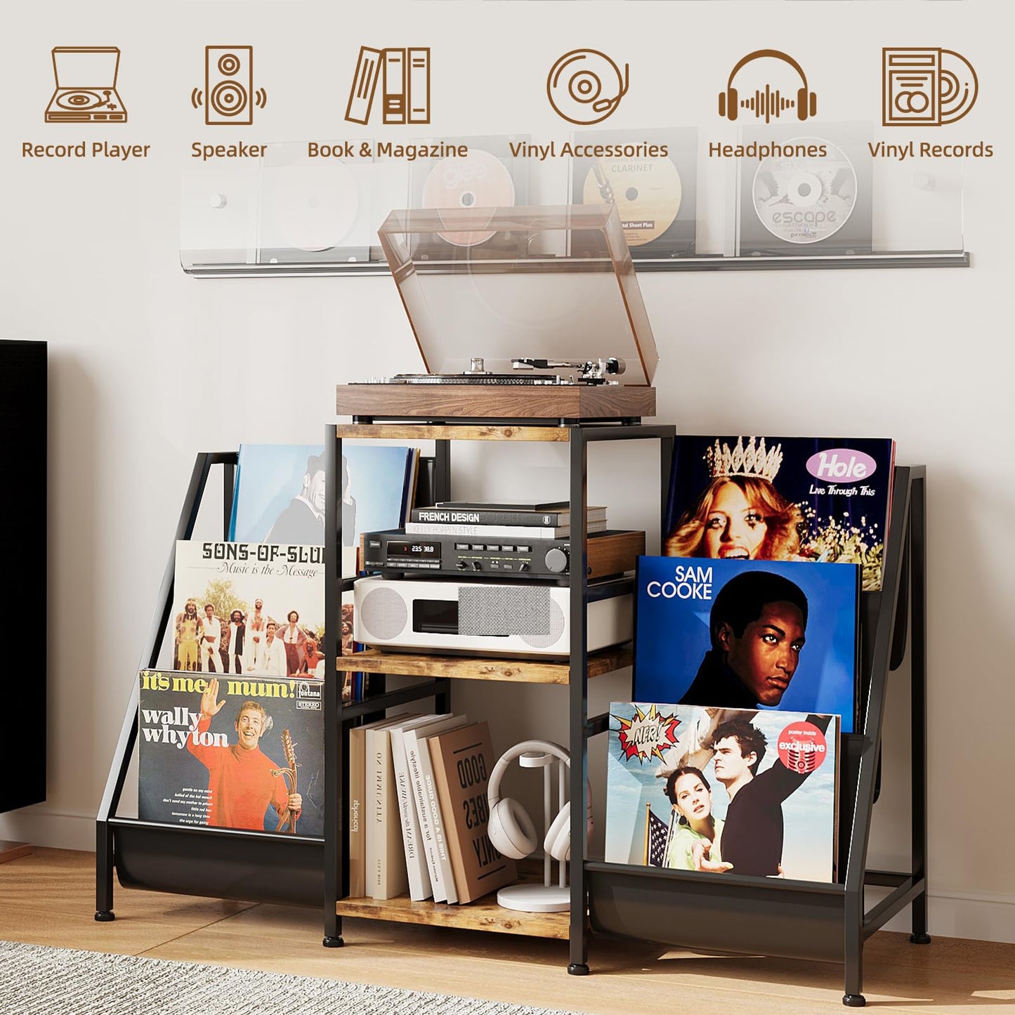 CAIYUN Record Player Stand Storage with 3-Tier and Fabric Drawer, Turntable Table Holds Up to 280 Albums, Cabinet CD Rack for Living Room