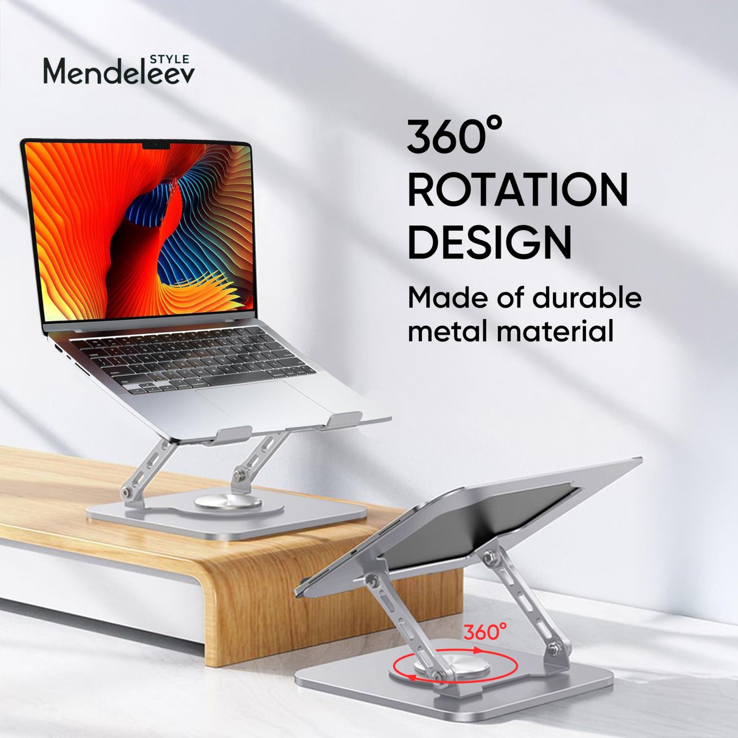 MENDELEEV STYLE Silver Laptop Stand for Desk with 360 Rotating Base Compatible with MacBook Pro/Air Notebook up to 16 Inches Computer Stand for