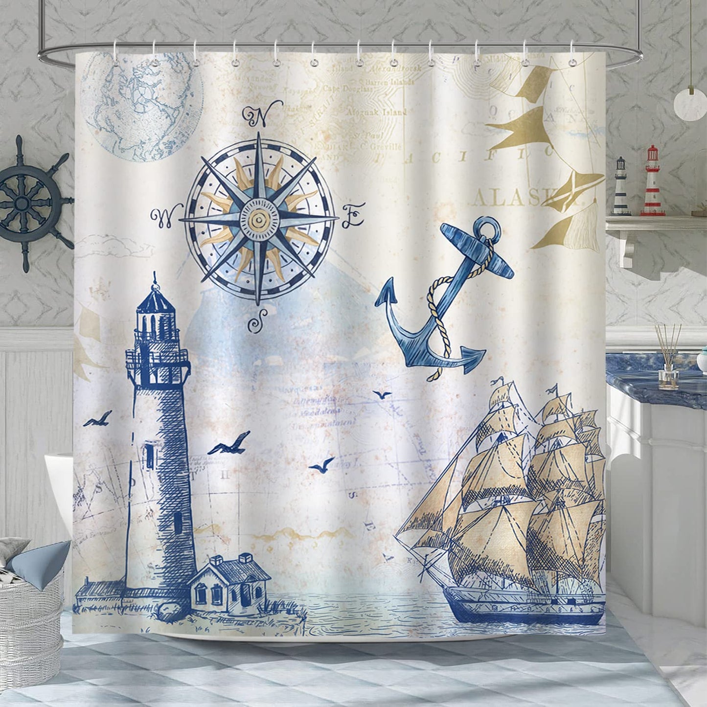 Bonhause Nautical Sailboat Shower Curtain 180 x 200 cm Lighthouse Compass Anchor Bathroom Curtain Waterproof Mildew & Mould Resistant Polyester Fabric