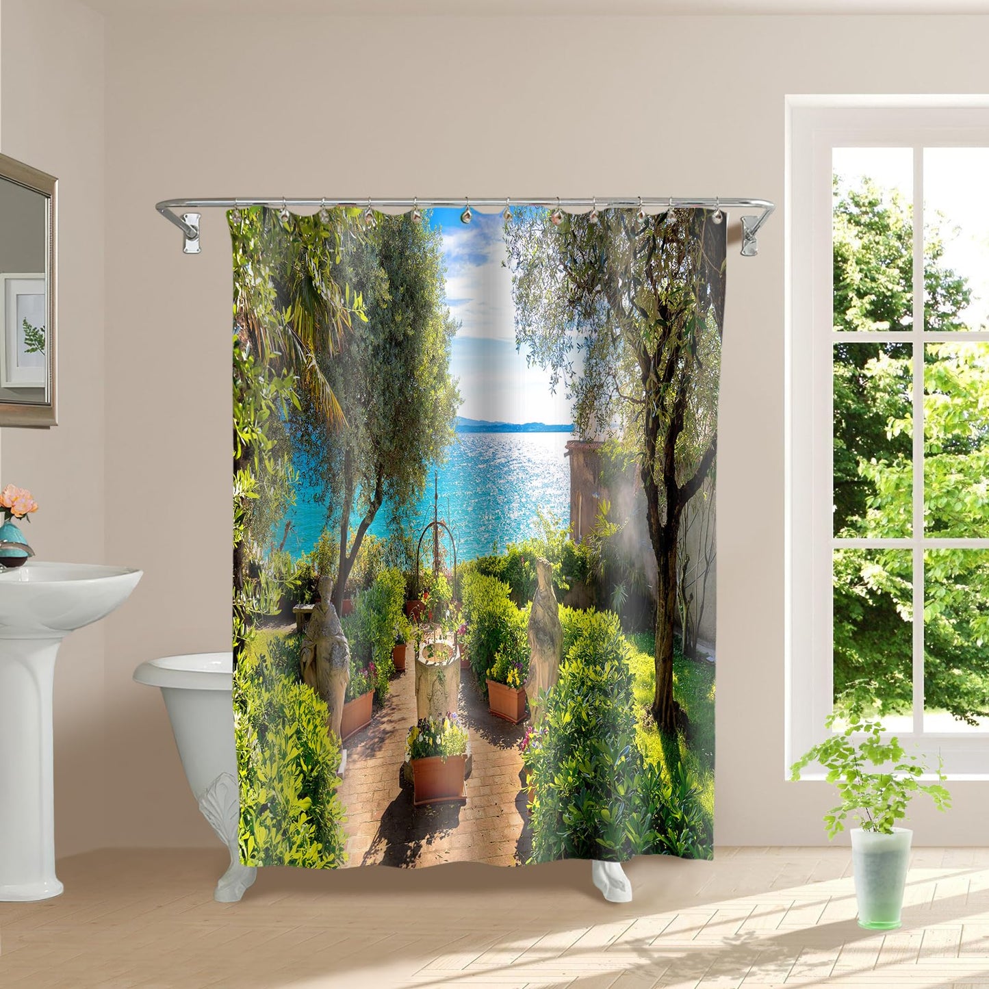 Sunny seaside garden with beautiful scenery Bathroom decoration, 3D HD, polyester waterproof shower curtain, 12 hooks, 180X180cm, bathroom essential