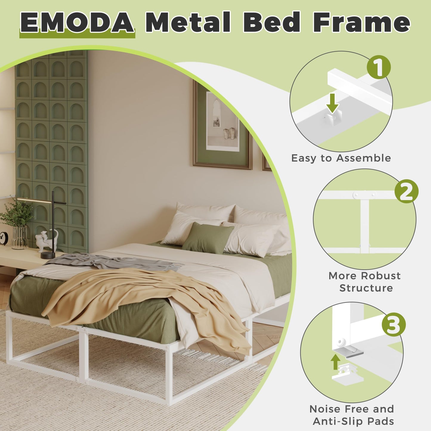 EMODA King Size Bed Frame 36cm High with Steel Slats Support, White