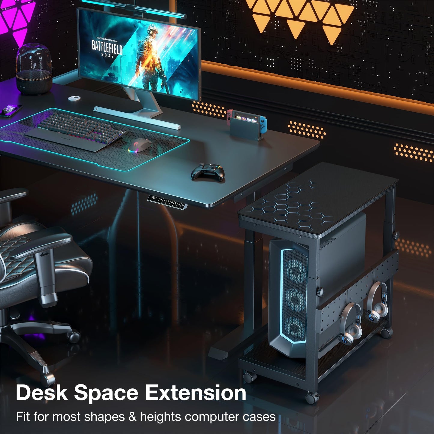 Yornoli PC Stand Height Adjustable Computer Tower Stand with Large Mouse Mat CPU Floor Stand Under Desk with Lockable Castor Wheels Sturdy PC Trolley