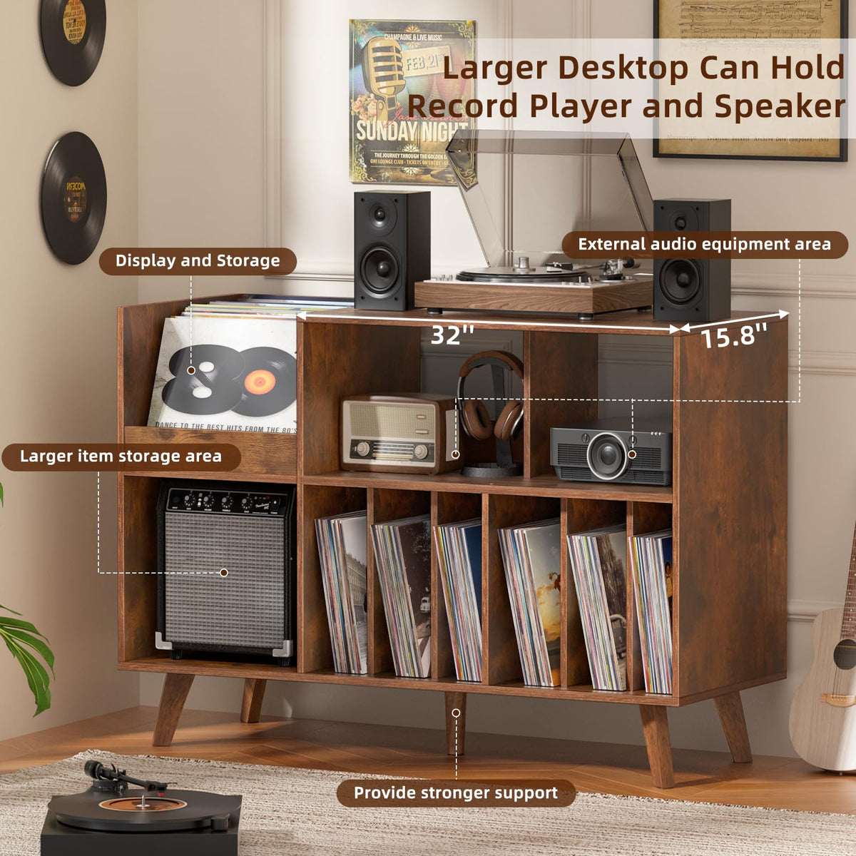 LELELINKY Large Record Player Stand, Turntable Stand with Storage, Vinyl Holder with Display Area, Record Player Table Holds Up to 450 Albums