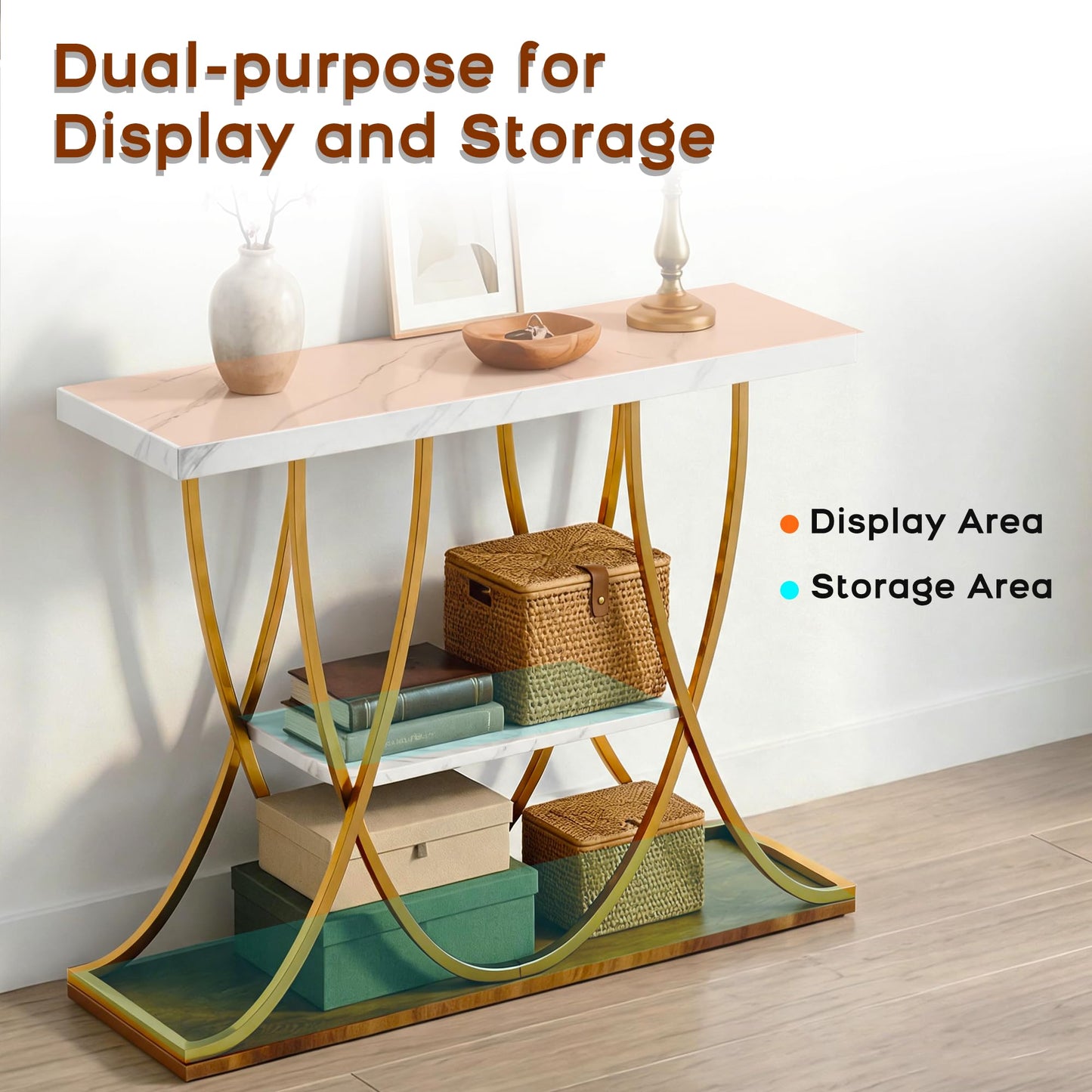 DAWNYIELD 3-Tier Console Table with Curved Metal Frame, Gold