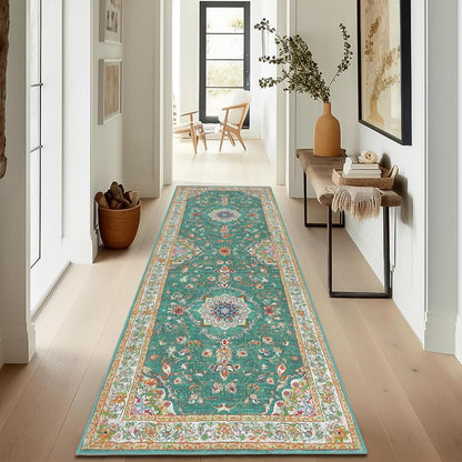 Enyhom Hallway Runner Rug, Green 80 x 200cm Non Slip Entrance Carpet Runner Long Vintage Floral Laundry Room Runner Area Rug Washable Kitchen Floor