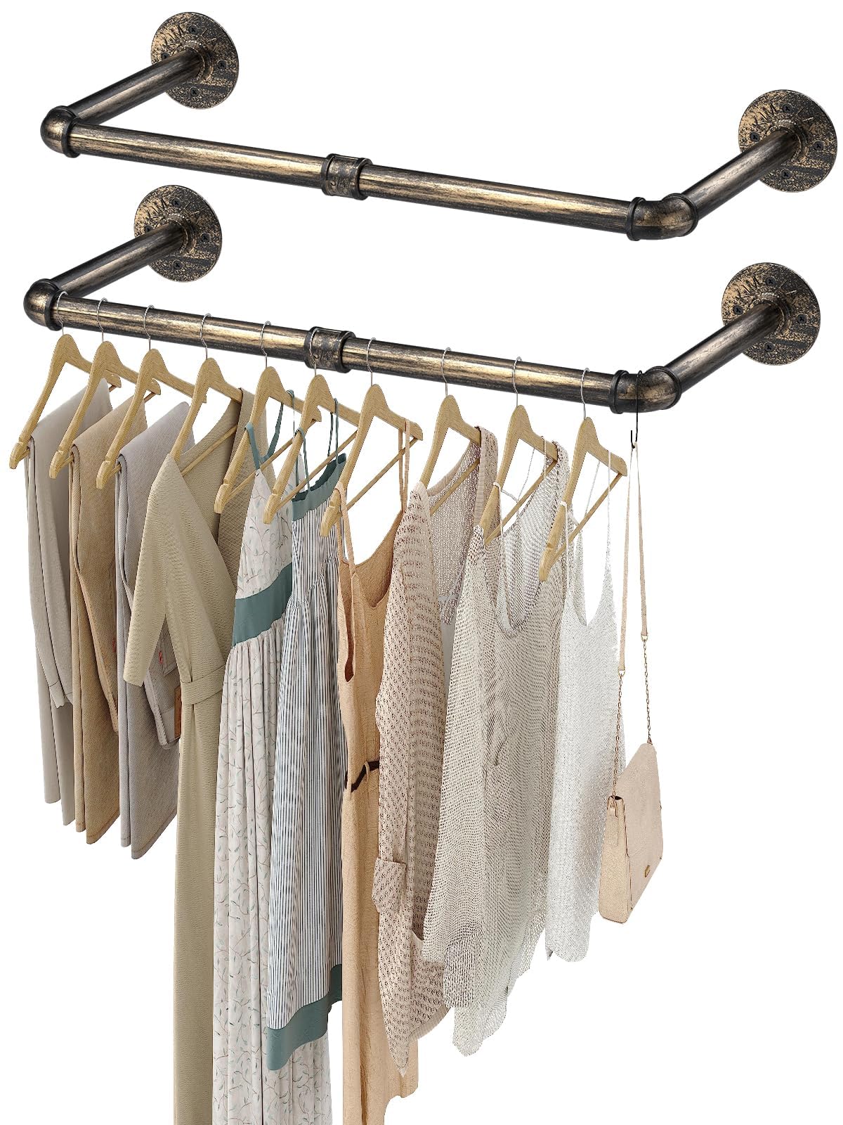 eSynic 2 Pack Wall Clothes Rail 60cm Clothes Rack Wall Mounted Copper Retro Industrial Pipe Clothes Rail Heavy Duty Metal Garment Rail Hanging Bar