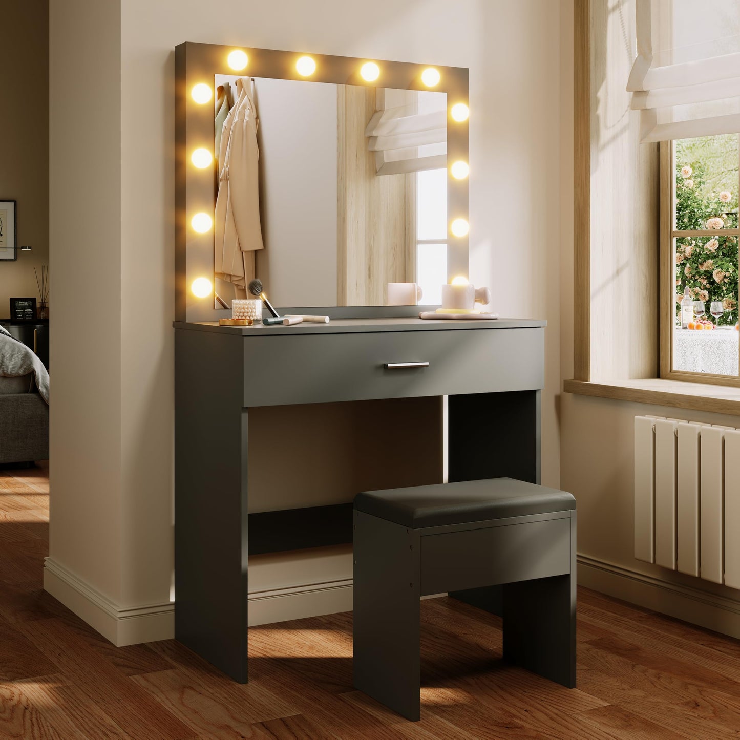 ELEGANT Black Dressing Table Set with Hollywood LED Mirror, 40x80x140cm